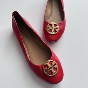 Tory Burch Chelsea Cap Toe Ballet Flat Leather Gold Logo Women’s US 8M Red